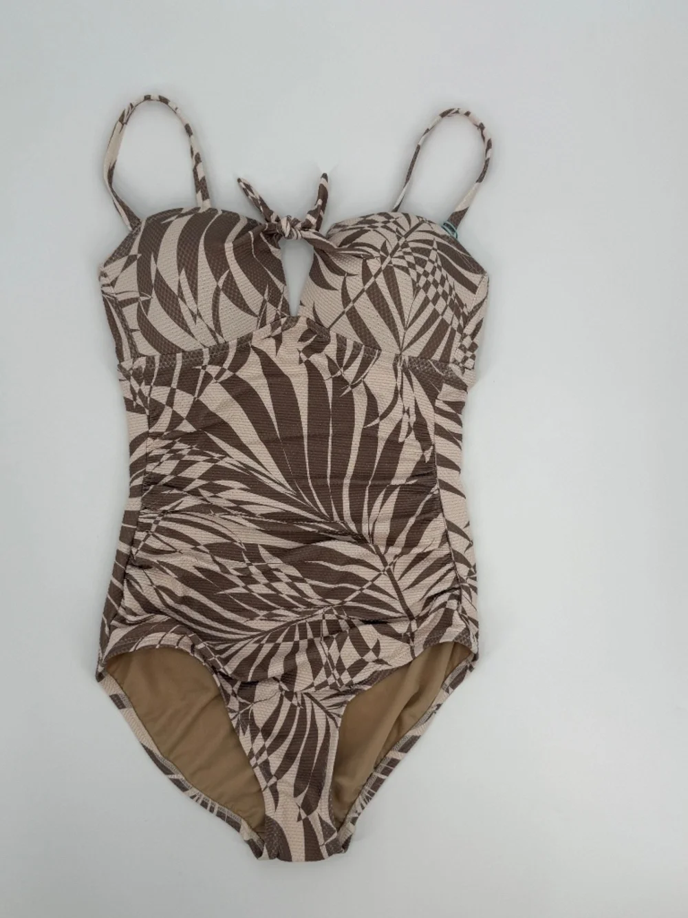 One Piece Swimsuit Palm Leaf Tan Brown Front Tie Keyhole Ruched Women XS